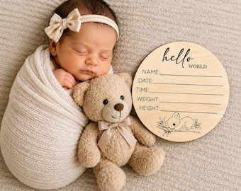 Wooden Birth Announcement Sign Hello World Koala Newborn Photo Prop Disc
