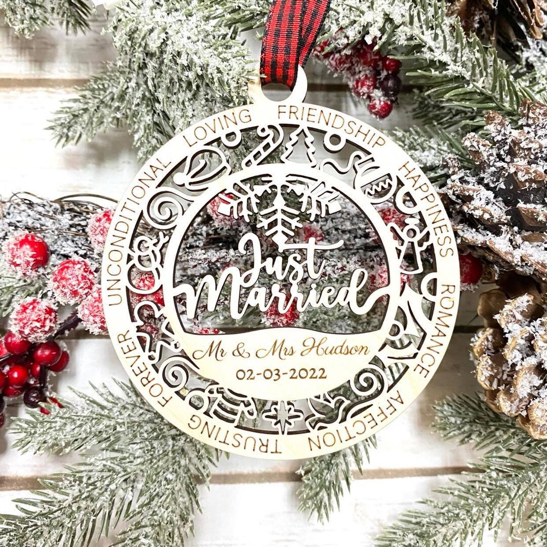 Custom Personalized Laser Engraved Wood Holiday Christmas Tree Just Married 2023 Bauble Gift