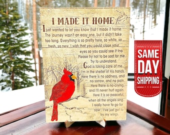 Placa conmemorativa de madera de cardenal "Lo hice en casa". Los cardenales aparecen cuando los ángeles están cerca. Placa conmemorativa de madera de 1/4 de pulgada con soporte. Regalo de recuerdo.
