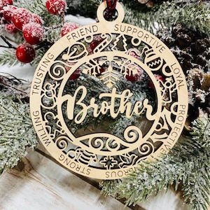 Laser Engraved Wood Holiday Christmas Tree BROTHER 2025 Bauble Gift Ornament