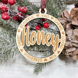Laser Engraved Wood Holiday Christmas Tree HONEY 2024 Bauble Gift Ornament