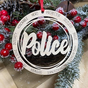 Laser Engraved Wood Holiday Christmas Tree POLICE Bauble Gift Ornament