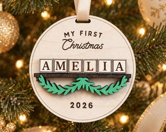 Personalized Baby's First Christmas Ornament, Custom Name Wooden Keepsake (2026)