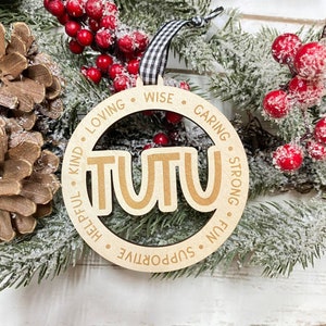 Laser Engraved Wood Holiday Christmas Tree TUTU 2024 Bauble Gift Ornament