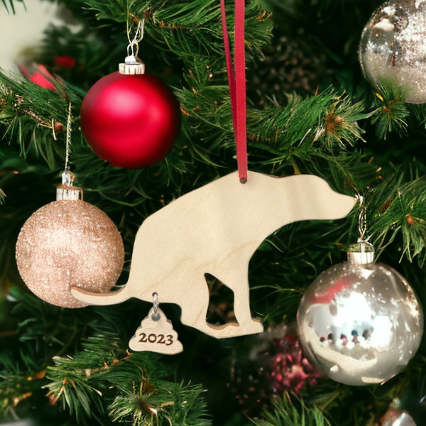 Laser Engraved Wood POOPING DOG Holiday Christmas Tree 2023 Bauble Gift Holiday  Ornament