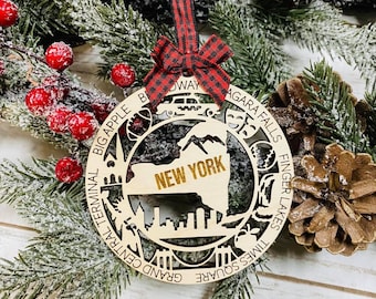 Laser Engraved Wood Holiday Christmas Tree NEW YORK State Bauble Gift Ornament