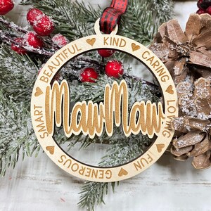 Laser Engraved Wood Holiday Christmas Tree MAWMAW 2024 Bauble Gift Ornament