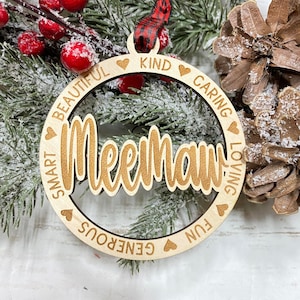Lasergegraveerde houten vakantiekerstboom MEEMAW 2025 kerstbal cadeau-ornament