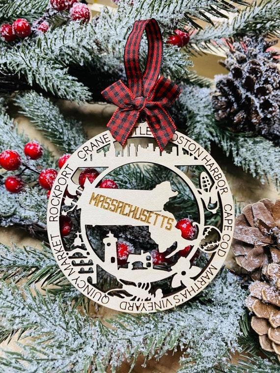 Laser Engraved Wood Holiday Christmas Tree MASSACHUSETTS State Etsy