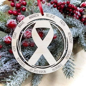 Laser Engraved Wood Holiday Christmas Tree CANCER Ribbon 2024 Bauble Gift Ornament