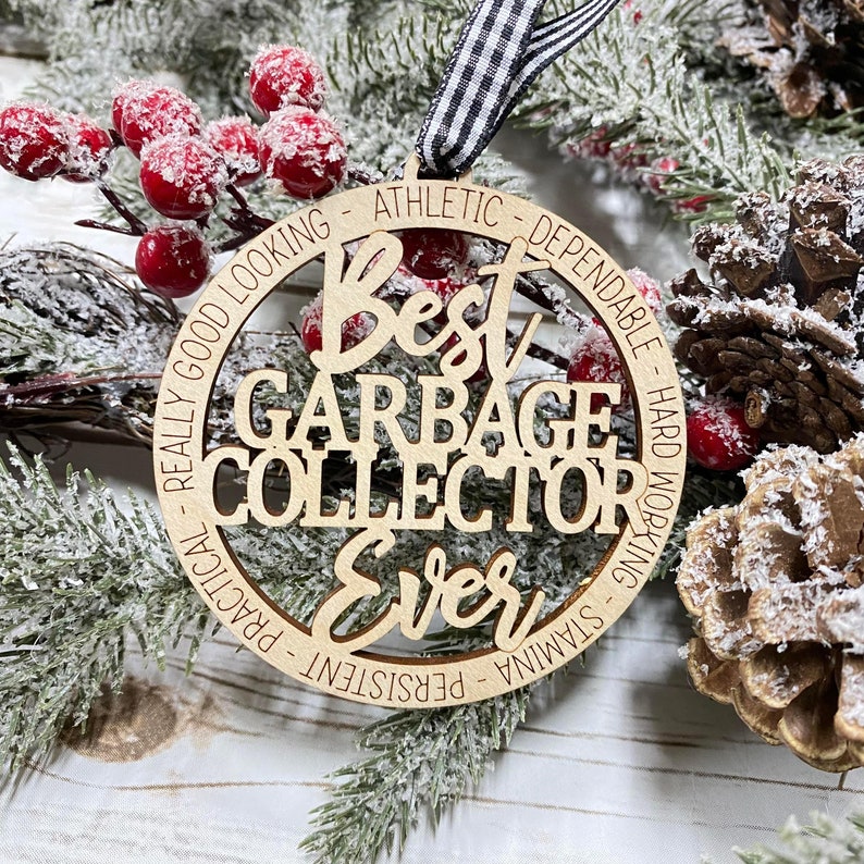 Laser Engraved Wood Holiday Christmas Tree BEST GARBAGE COLLECTOR Ever 2023 Bauble Gift Ornament image 1