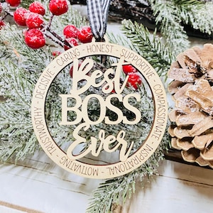 Ready to ship Laser Engraved Wood  Holiday Christmas Tree Best Boss Ever 2023 Holiday Bauble Gift Ornament