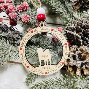 Laser Engraved Wood Christmas Tree I Love My Akita Dog 2025 Personalized  Dog Holiday Ornament Gift