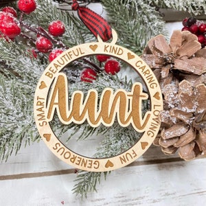 Laser Engraved Wood Holiday Christmas Tree AUNT 2025 Bauble Gift Ornament