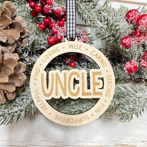 Laser Engraved Wood Holiday Christmas Tree UNCLE 2024 Bauble Gift Ornament