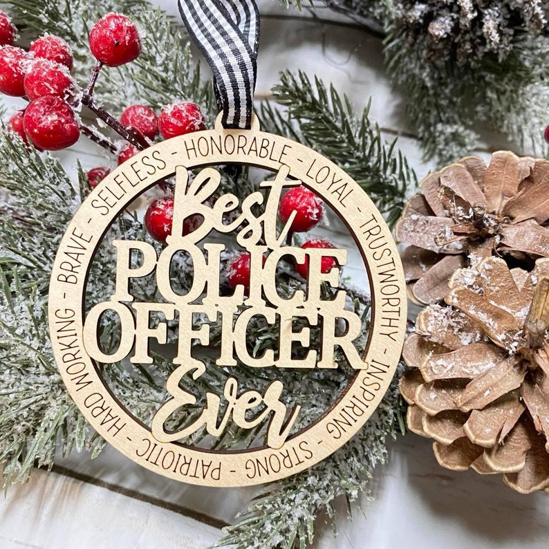 Ready to ship Laser Engraved Wood Holiday Christmas Tree Best Police Officer Ever 2022 Holiday Bauble Gift Ornament image 1