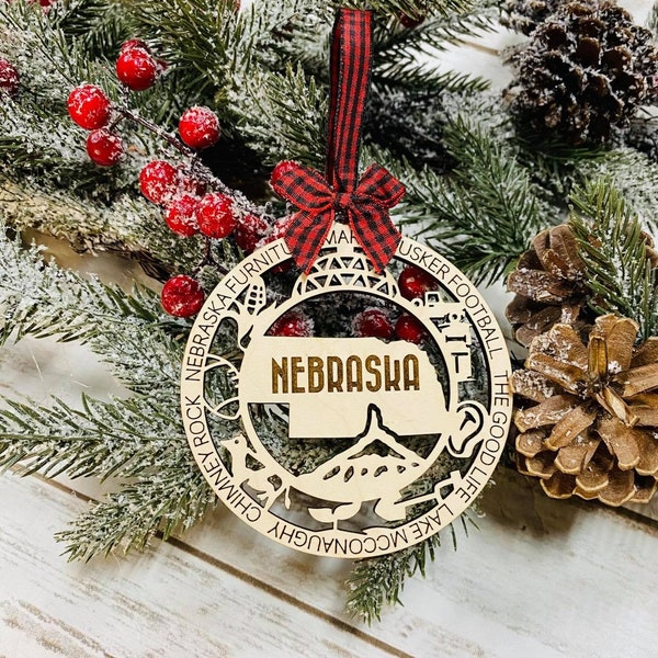 Laser Engraved Wood Holiday Christmas Tree NEBRASKA State Bauble Gift Ornament