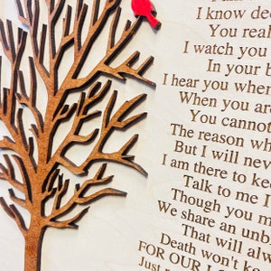 May include: A light-colored wooden plaque featuring a laser-cut dark brown tree silhouette on the left side with a small red bird perched on a branch. The right side displays engraved black text that reads I know deep down you really miss me.