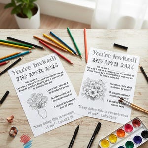 Könnte beinhalten: Zwei weiße Einladungskarten mit dem Text "You're Invited! 2nd April 2026" werden angezeigt. Eine Karte zeigt einen Rosenstrauß, die andere ein Blumendesign. Buntstifte, Pinsel und eine Aquarellpalette umgeben die Karten.