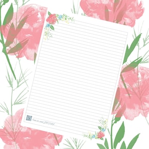 May include: A white sheet of lined paper with a floral border. The border features pink, blue, and yellow flowers. The paper has a QR code and the text "Scan to visit JHU.ORG".