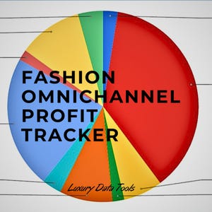 Può includere: Un grafico a torta circolare con segmenti di vari colori tra cui rosso, giallo, verde, blu e arancione. Il testo FASHION OMNICHANNEL PROFIT TRACKER è stampato in nero al centro, con la scritta Luxury Data Tools posizionata in basso.