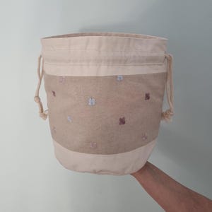 Cotton canvas floral embroidery circular bottom drawstring knitting crochet project bag