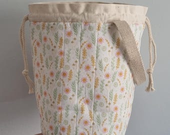 Floral quilted cotton green orange cream circular bottom drawstring knitting crochet project bag