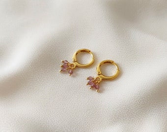 Mini gold piercing earrings with Amethyst beads • LISON