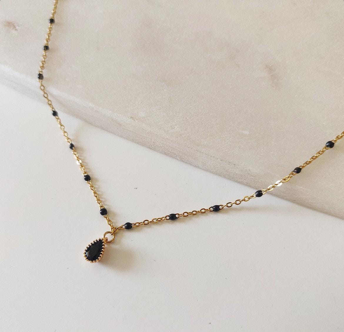 Gold Necklace With Black Pearl Chain and Black Onyx Drop Pendant 