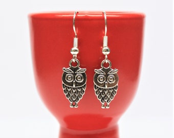 Silver owl drop earrings