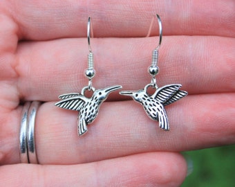 Hummingbird earrings, hummingbird jewellery, hummingbird gift, silver drop earrings, hummingbird lover, gift for her, gift for girl
