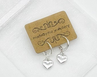 Silver huggie hoops with heart charm, Valentines, anniversary or birthday gift