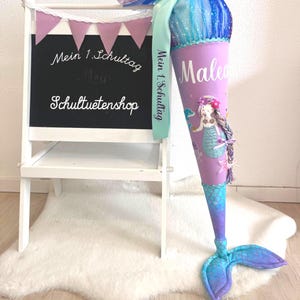 Con pinna! 2025*Cono scolastico, cono di caramelle, sirena, tessuto cucito, iscrizione scolastica, nome, glitter, personalizzato, cono scolastico per ragazze, viola