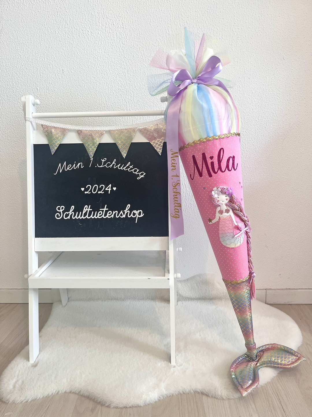 Personalisiert Schultüte Mit Meerjungfrau-Motiv – Stoff-Zuckertüte Mit Kissen, Lila/blau