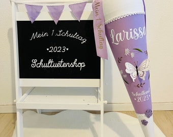 20243D* 2023 Schultüte Zuckertüte Einschulung Schmetterling Stoff genäht Regenbogen Name Glitzer personalisiert Mädchen rosa Schultuete