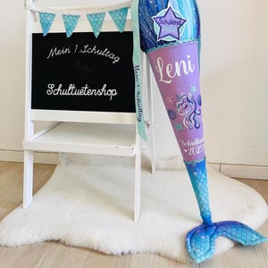 Con pinna! 2025*Cono scolastico, cono di caramelle, unicorno, sirena, conchiglia, tessuto cucito, iscrizione scolastica, nome, glitter, personalizzato, cono scolastico per ragazze