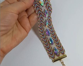 Multi-colored bracelet of Czech beads and rhinestones, Handmade, Gift for her