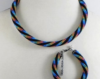 Jewelery set: beaded rope necklace and bracelet,multicolored, iridescent, cheerful, crochet seed bead, beaded jewelry,Handmade