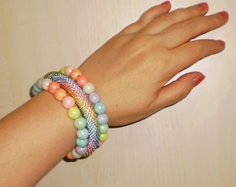 layering Multicolored Versicolor Rainbow beaded rope wrap bracelet, crochet seed bead, beaded jewelry, Handmade bracelet