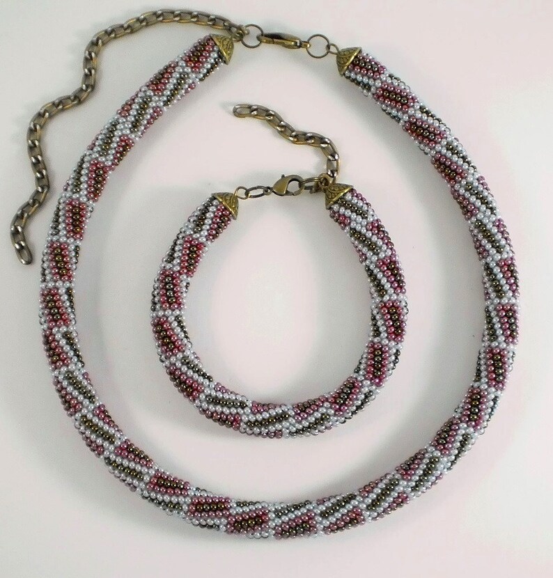 Jewelery Set Beaded Rope Necklace and Bracelet, Geometric Pattern
