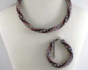 Jewelery set: Multicolored beaded rope necklace and bracelet Сrochet necklace Bracelet Seed bead necklace bracelet Beaded Beadwork Jewelry