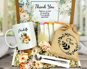 Personalized Tea Gift Basket: Engraved Mug, Spoon Assorted Teas