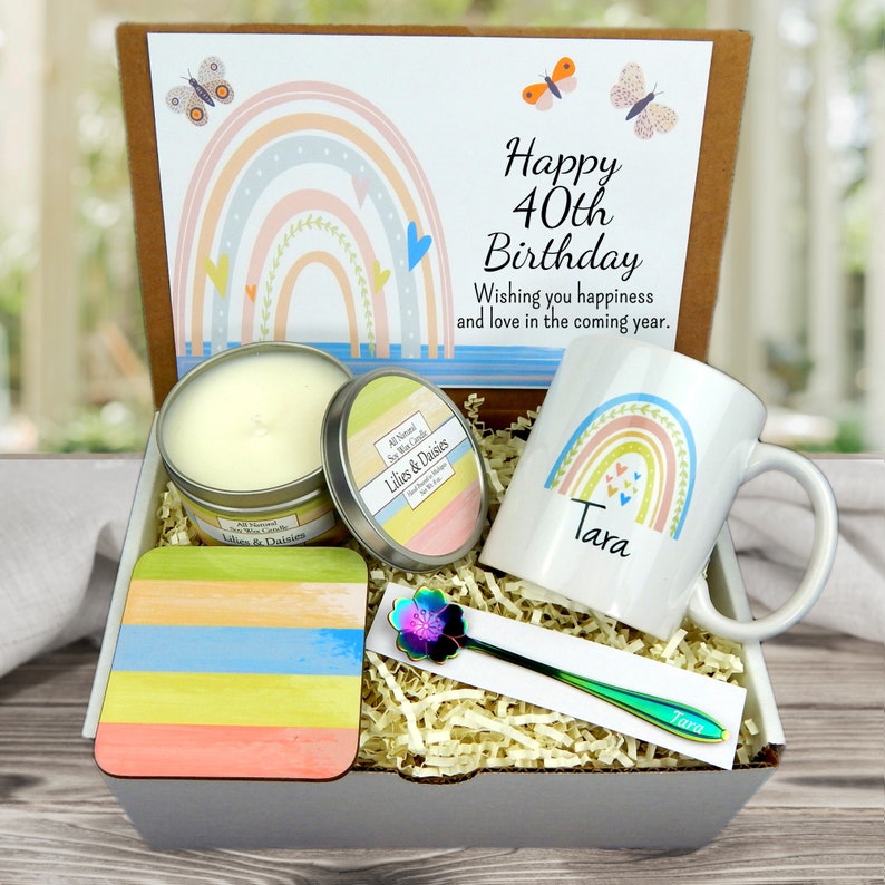 Personalized 40th Birthday Gifts Birthday Gift Basket for 40th Turning 40 Gift Set 40th Birthday Gift Idea Boho Rainbow