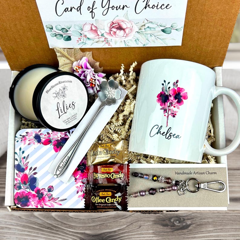purple themed  gift basket with personalized mug, scented candle, handmade artisan charm, candy, engraved spoon, coaster
