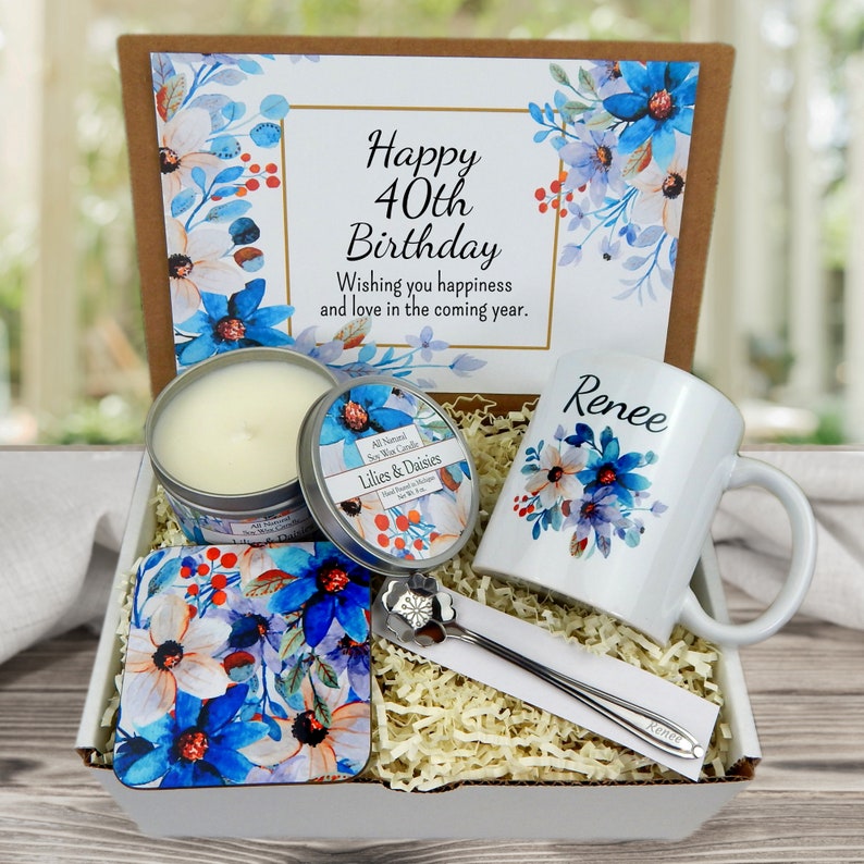 Personalized 40th Birthday Gifts Birthday Gift Basket for 40th Turning 40 Gift Set 40th Birthday Gift Idea Blue Flowers