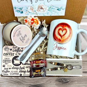 coffee lover gift basket with personalized mug, scented candle, handmade artisan charm, candy, engraved spoon, coaster