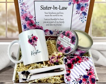 Sister-in-law Gift for Birthday | Meaningful Card, Personalized Mug Set, Engraved Spoon | Birthday Wedding Sister In Law Gift Basket