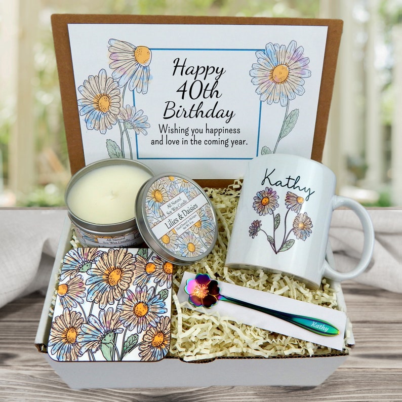 Personalized 40th Birthday Gifts Birthday Gift Basket for 40th Turning 40 Gift Set 40th Birthday Gift Idea Daisies