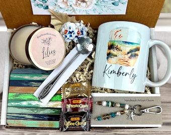 Personalized Retirement Gift Basket: Beach Mug, Soy Candle & Artisan Charm