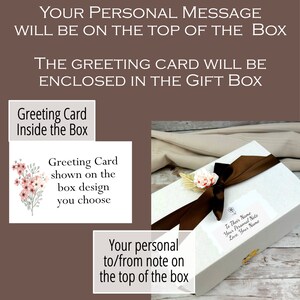 May include: A white gift box with a brown ribbon and a floral embellishment. The box has a white label with the text "To Their Name Your Personal Note Love Your Name". A separate card is included with the text "Greeting Card shown on the box design you choose".